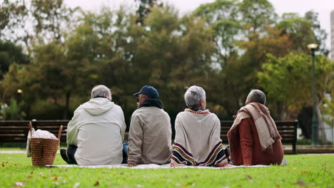 talking, relax and back of people at a park