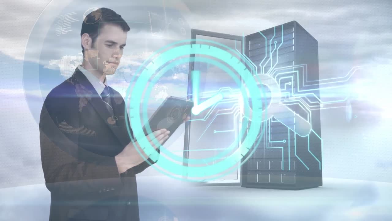 animación del reloj, hombre usando tableta y servidor en nubes