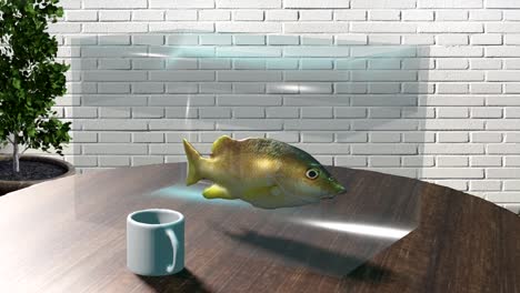 3d animation of a fish in a rotating aquarium