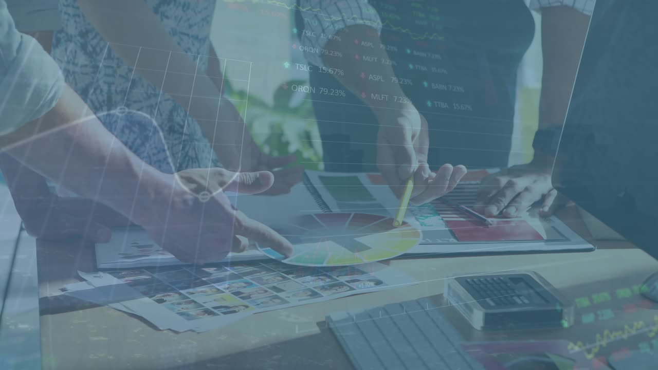 Animation of financial data processing over business people in office