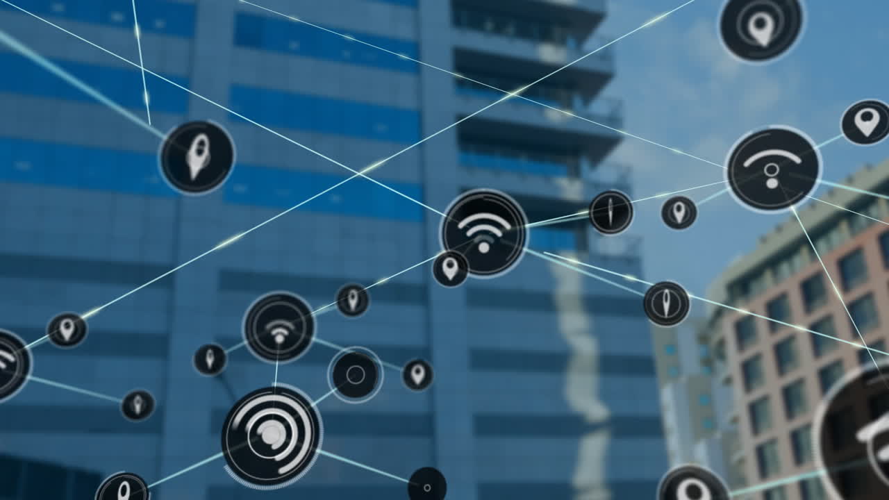 Network of connections and wireless signals animation over city buildings