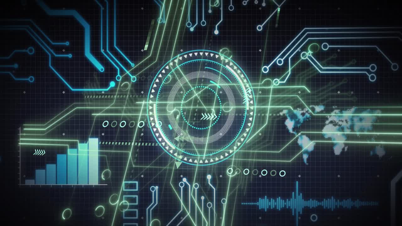 Animation of computer circuit board with data processing and scope