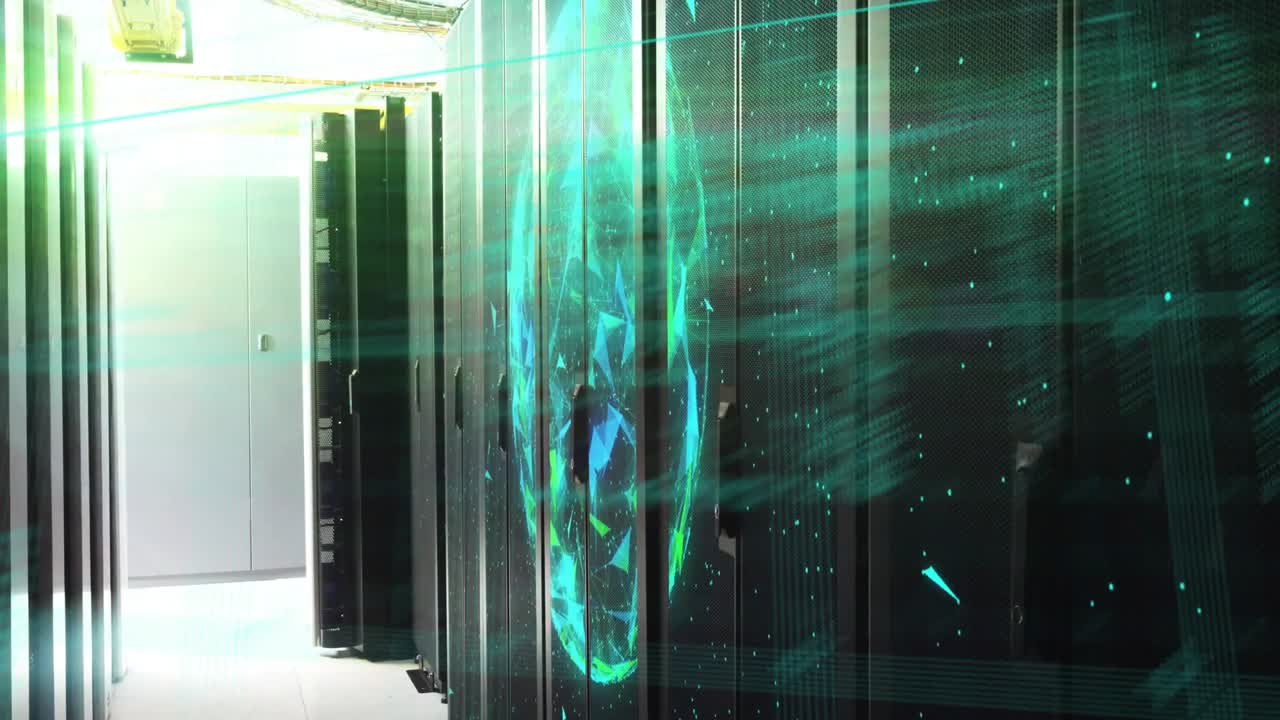 Teal grid rising in server corridor, 3D globe rotating, code streams pulsing showing data flow