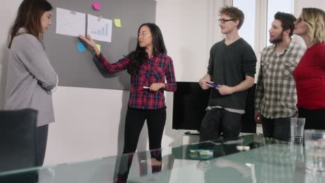 multiethnical group of business people looking at a chart on chalkboard