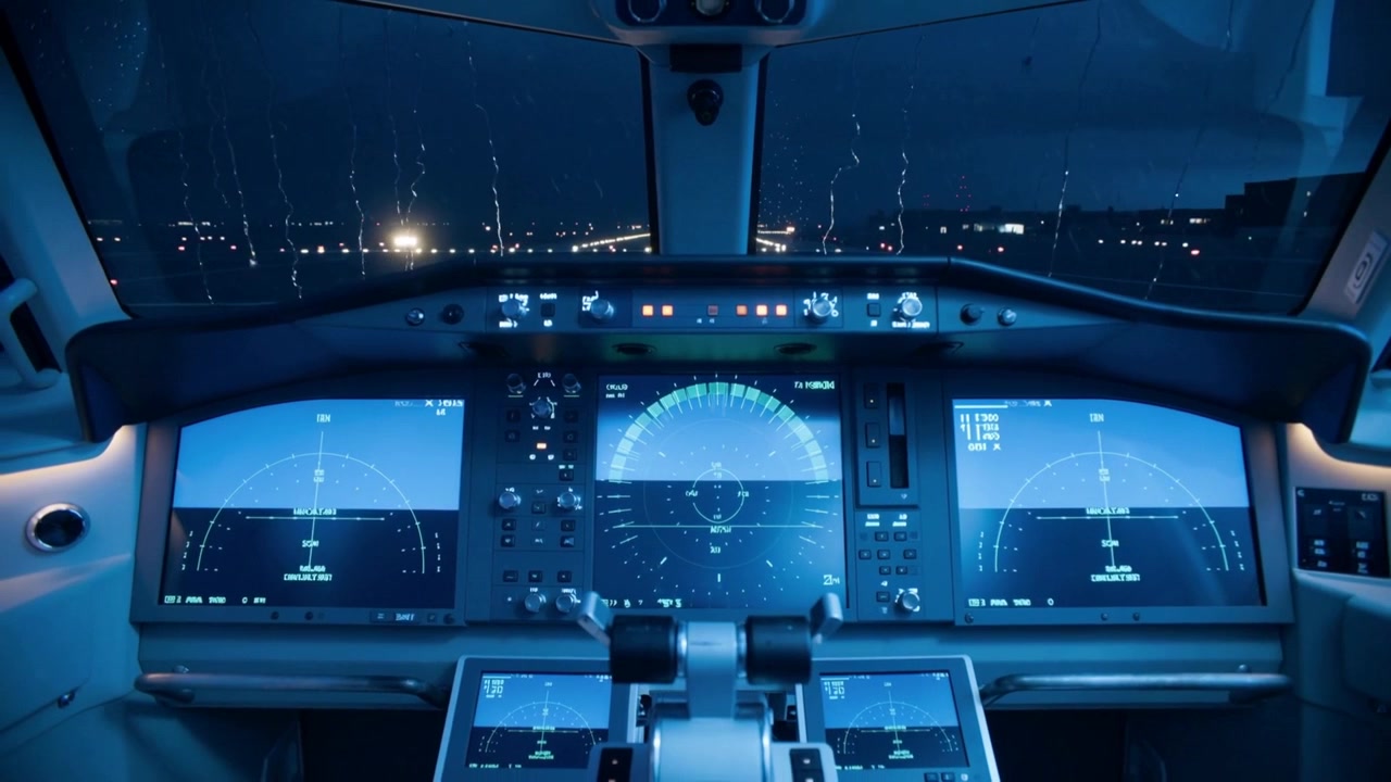 Câmera gravando os instrumentos do cockpit enquanto as luzes se acendem no aeroporto, para-brisa molhado e PFDs.