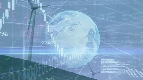 animation of financial data processing and globe over wind turbine
