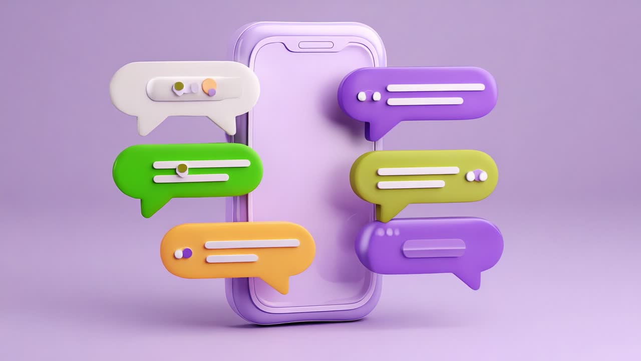 Vibrant Smartphone with Colorful Message Bubbles: A Modern Take on Communication in the Digital Age Featuring Various Notification Icons on a Purple Background