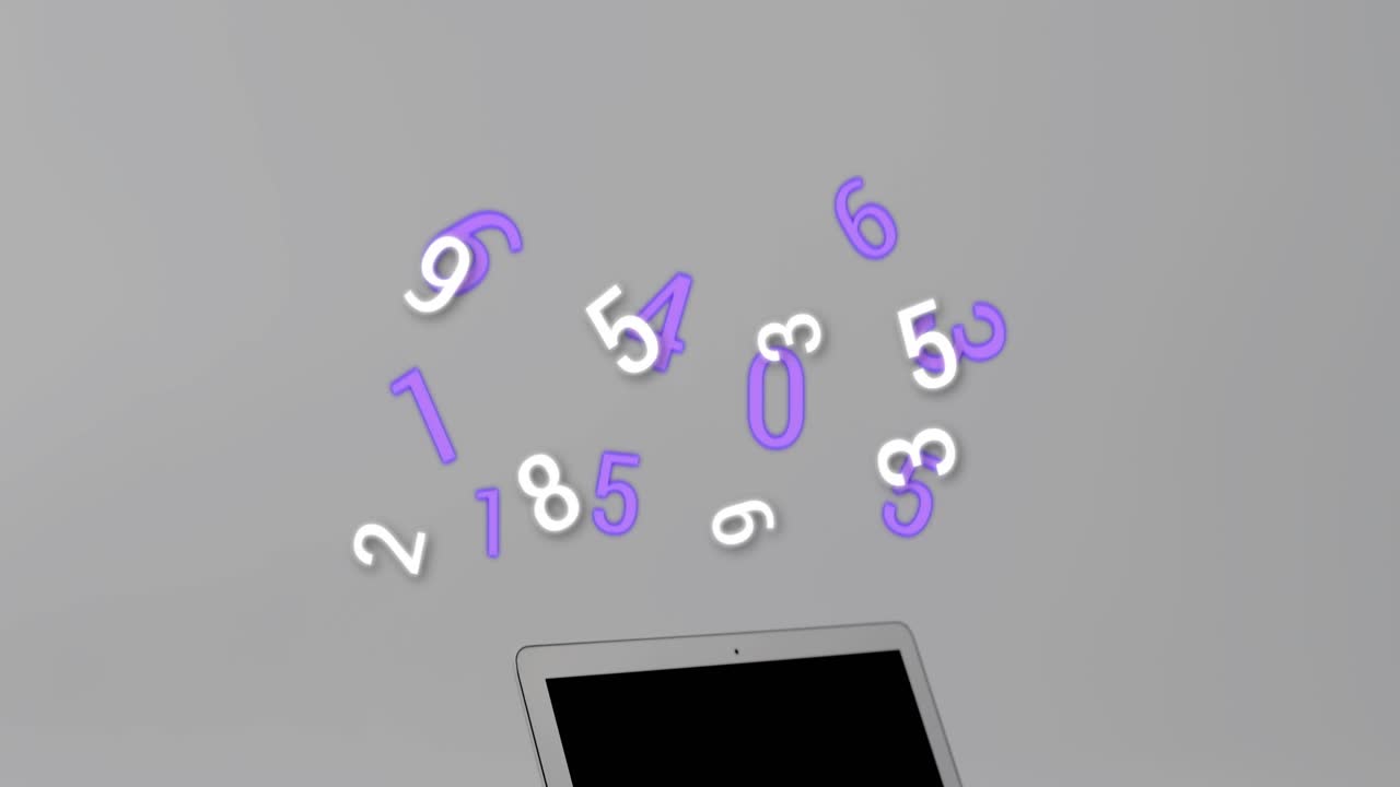 Schermo di laptop che riceve dati con cifre bianco-viola che ruotano verso l'alto, visualizzando il flusso di dati