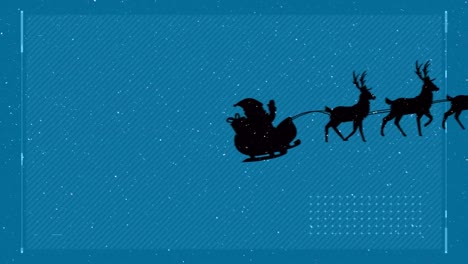 Snow-falling-over-silhouette-of-santa-claus-in-sleigh-being-pulled-by-reindeers-on-blue-background