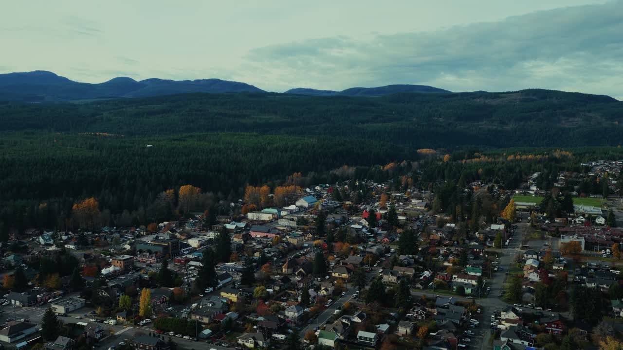 Aerial view of Cumberland, BC town on serene Vancouver Island