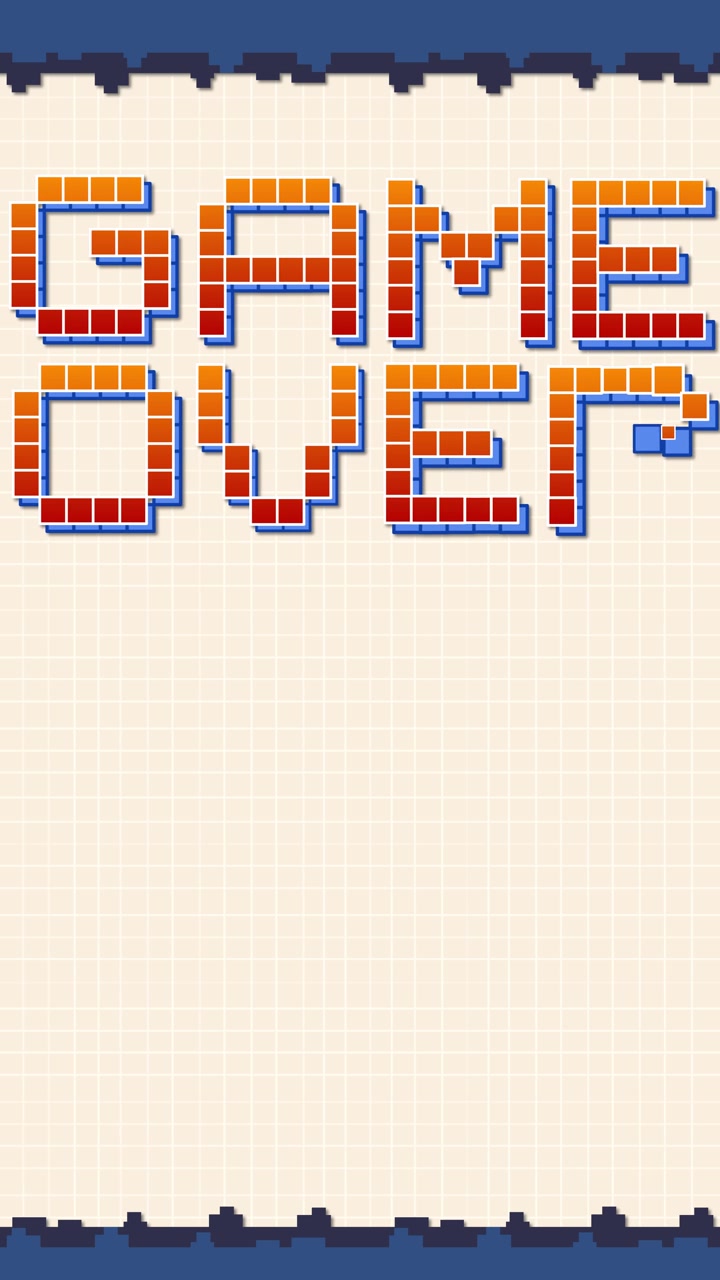 Vertical pixel art animation shows a spaceship shooting and destroying Game Over text blocks