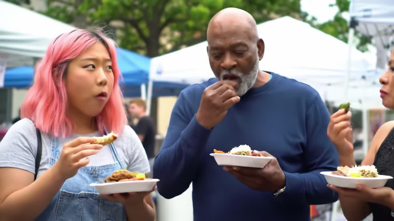A Vibrant Culinary Experience at a Local Festival: Diverse Food Lovers Enjoying Delicious Dishes Together in a Lively Outdoor Market Setting