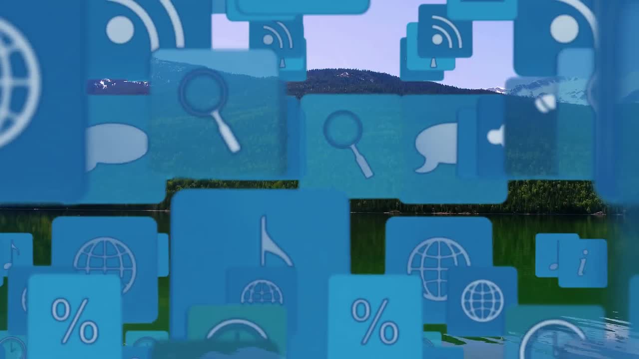 animación de iconos wifi y digitales flotando sobre el paisaje