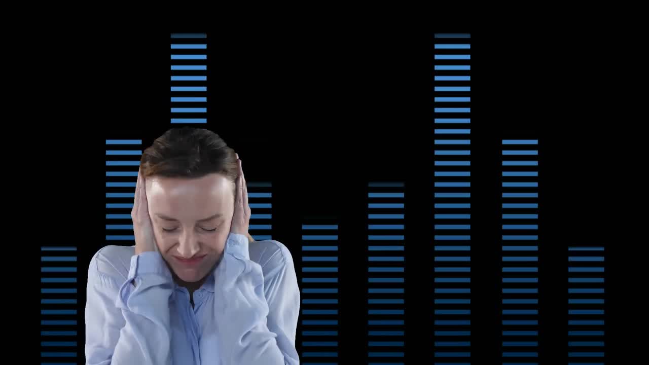 animación de una mujer caucásica confundida, poniendo las manos sobre sus orejas sobre barras azules subiendo y bajando