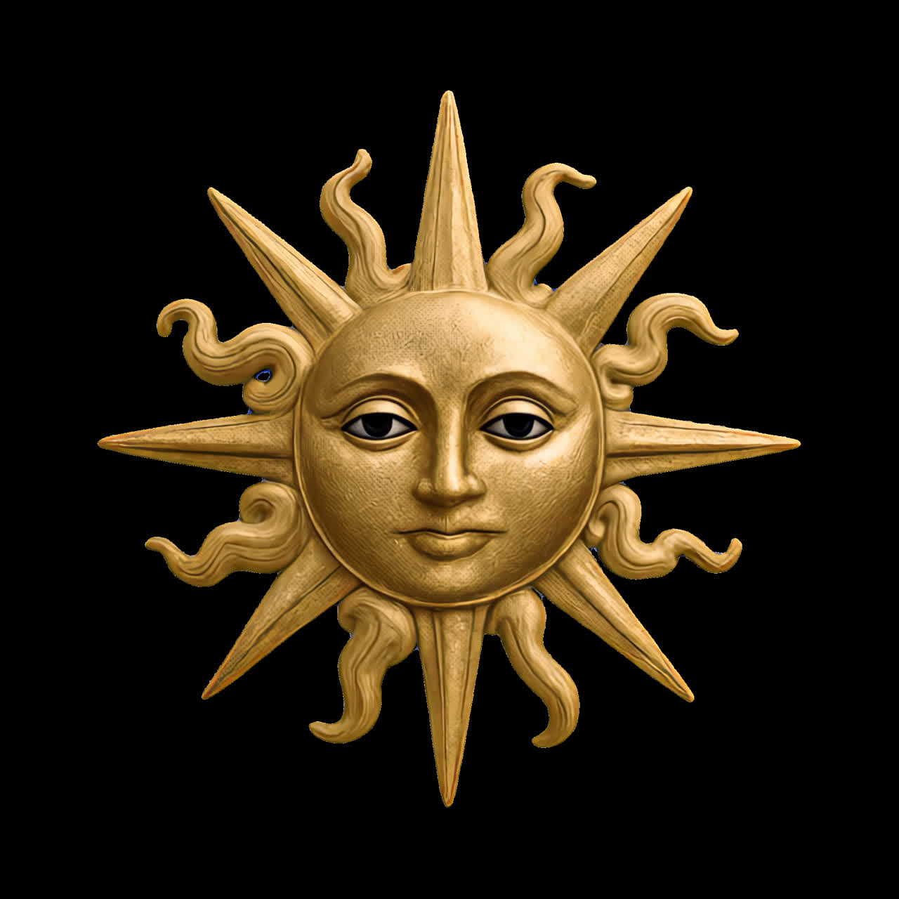 Golden sun face emblem animation isolated asset, transparent 4K video, alpha channel, ProRes 4444