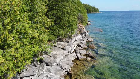 Aerial-Georgian-Bay,-Ontario-Canada-crystal-clear-water-near-coast