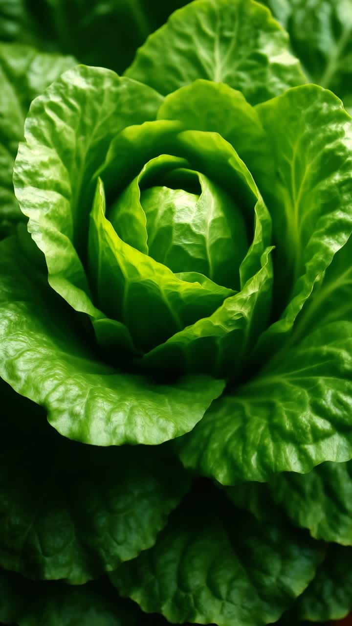 Close-up video of vibrant green lettuce leaves, captured from a top-down angle, highlighting texture