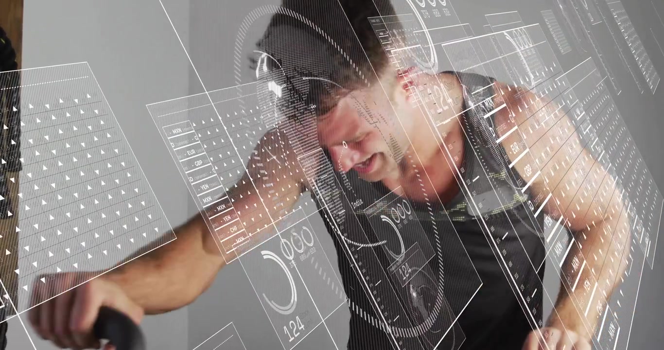 Male fitness enthusiast tightening suit straps pedaling bike, generating power heart rate overlays