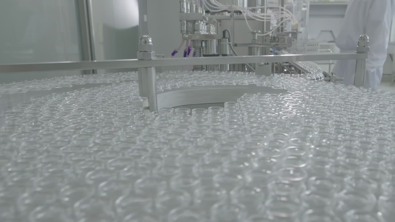 Technicians in protective clothing pharmaceutical production line in modern factory, a skilled workforce of scientists collaborates to oversee and maintain the automated production lines