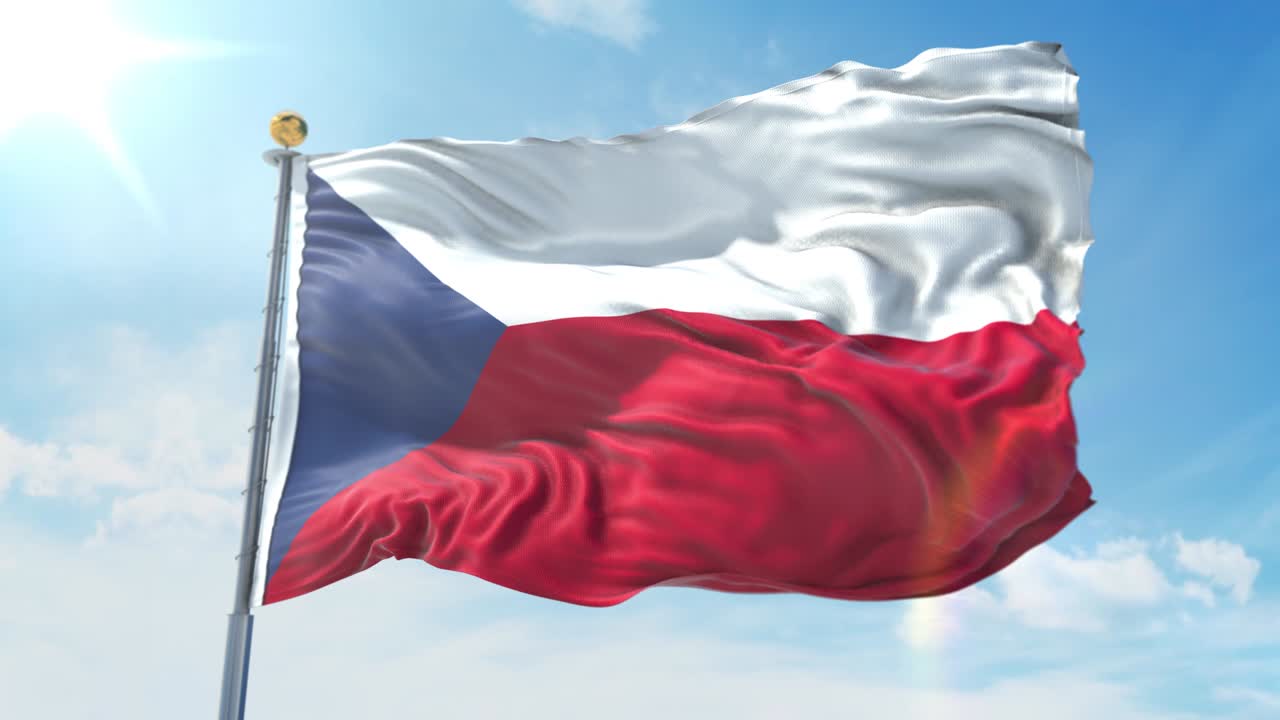깊은 파란 하늘을 배경으로 바람에 흔들리는 체코 공화국의 발, 국가 테마, 국제 개념, 3d 렌더링, 원활한 루프, 4k