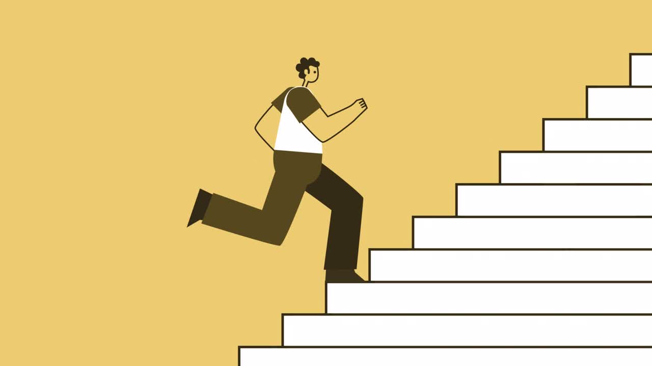 노란색 스타일의 남자 플래트 캐릭터는 계단을 올라간다. 알파 채널과 함께 고립된 루프 애니메이션