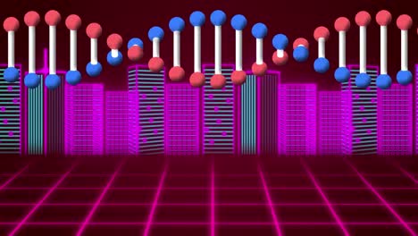animación de la cadena de adn sobre el paisaje urbano digital