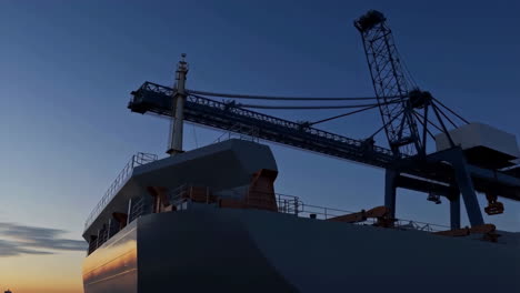 Cargo Ship Docked at Port with Crane at Twilight