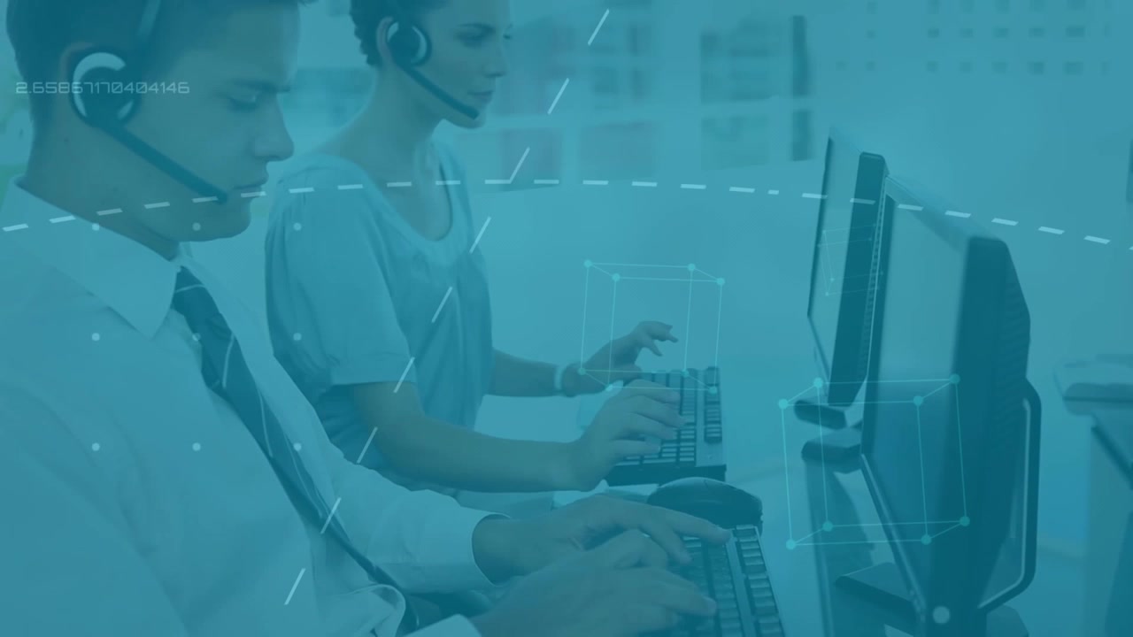 Animation of data processing over male and female colleagues wearing phone headset working at office