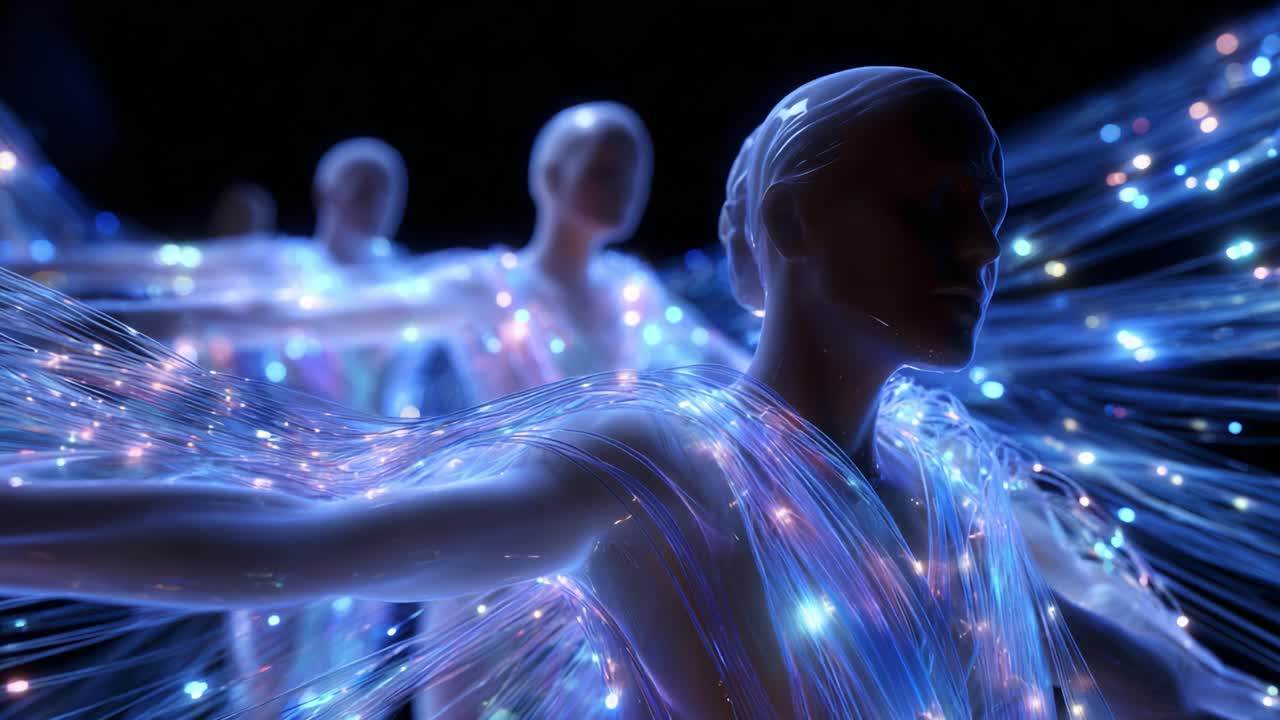 A mesmerizing display of illuminated figures seamlessly intertwined with vibrant strands of light, showcasing the beauty of movement and the interplay of colors against a dark backdrop in an ethereal dance
