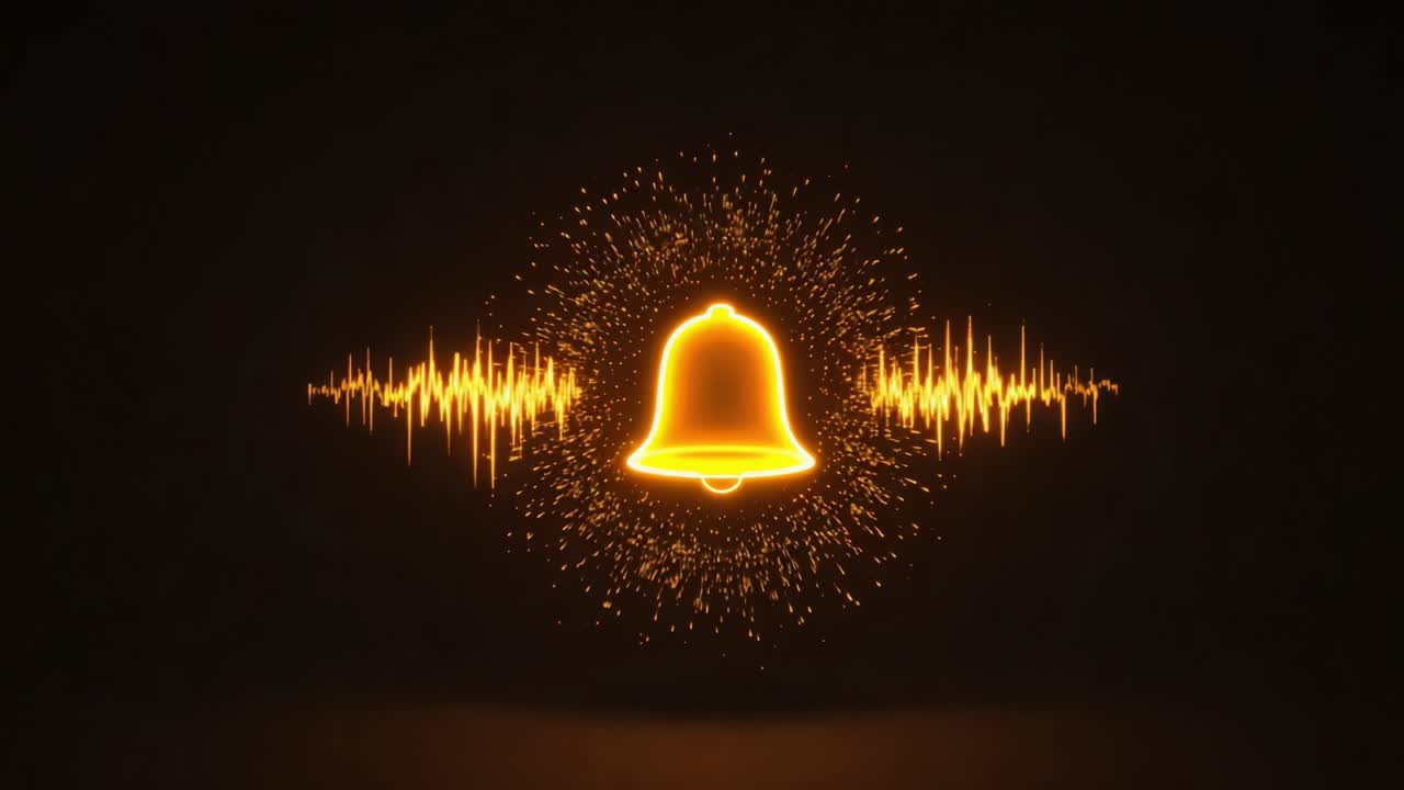 Illuminated Bell with Sound Waves: A Striking Animation of a Vibrant Bell Surrounded by Dynamic Audio Visualizations Emitting Light and Energy in a Dark Background
