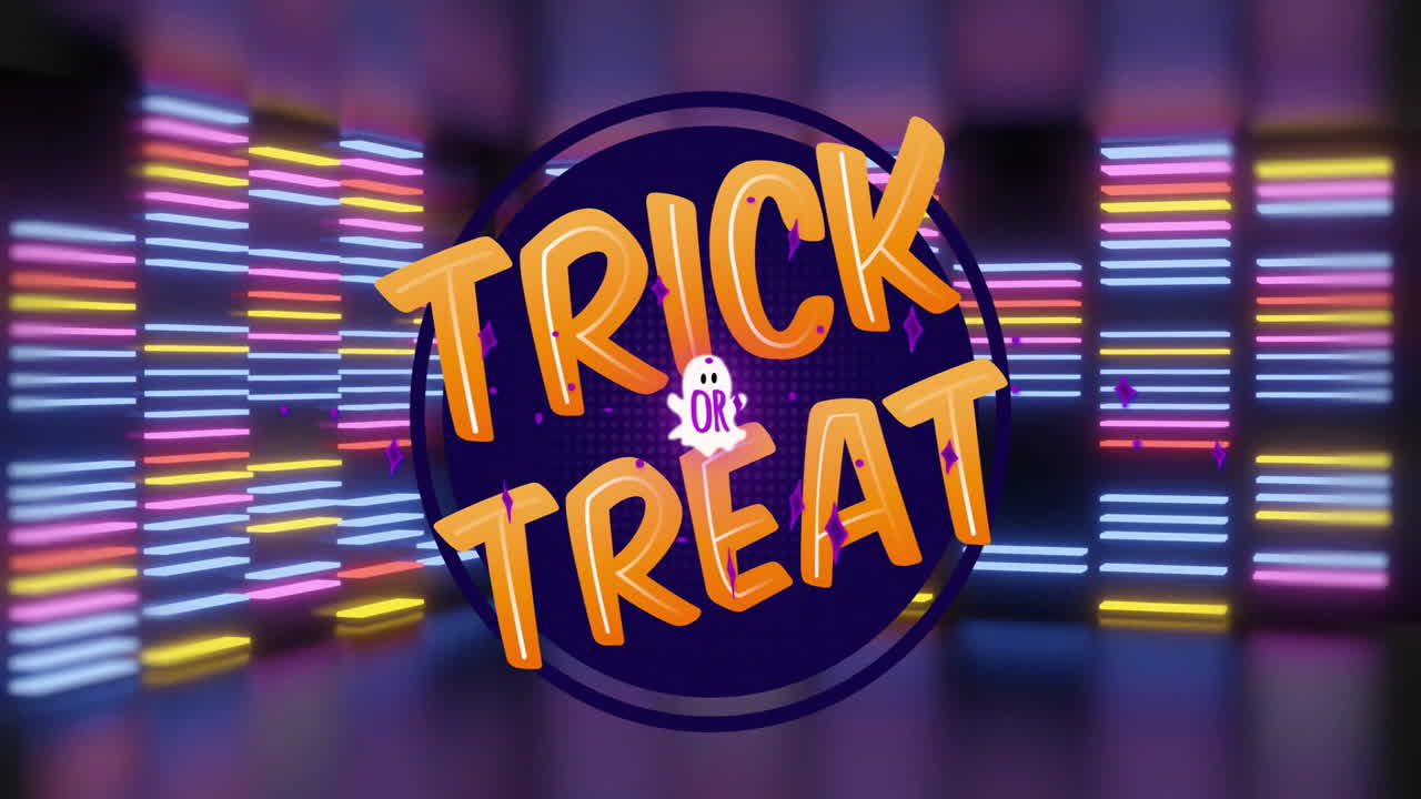 Bold orange TRICK and TREAT letters glowing around purple emblem, neon bars glowing behind ghost