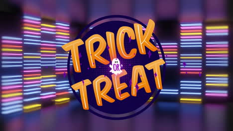 bold orange trick and treat letters glowing around purple emblem, neon bars glowing behind ghost
