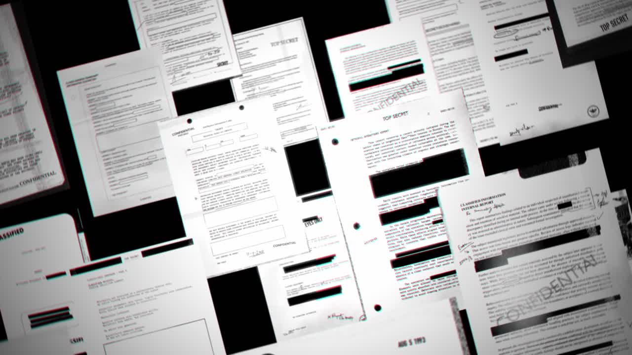 Classified top secret files and documents flicker in and out against black background. Flying in abstract space. Conspiracy cover up or leaked exposed government spy agency sensitive information data