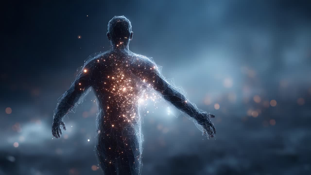 An ethereal figure stands illuminated amidst a cosmic backdrop, embodying the essence of energy and transformation, showcasing a mesmerizing dance of light and shadow