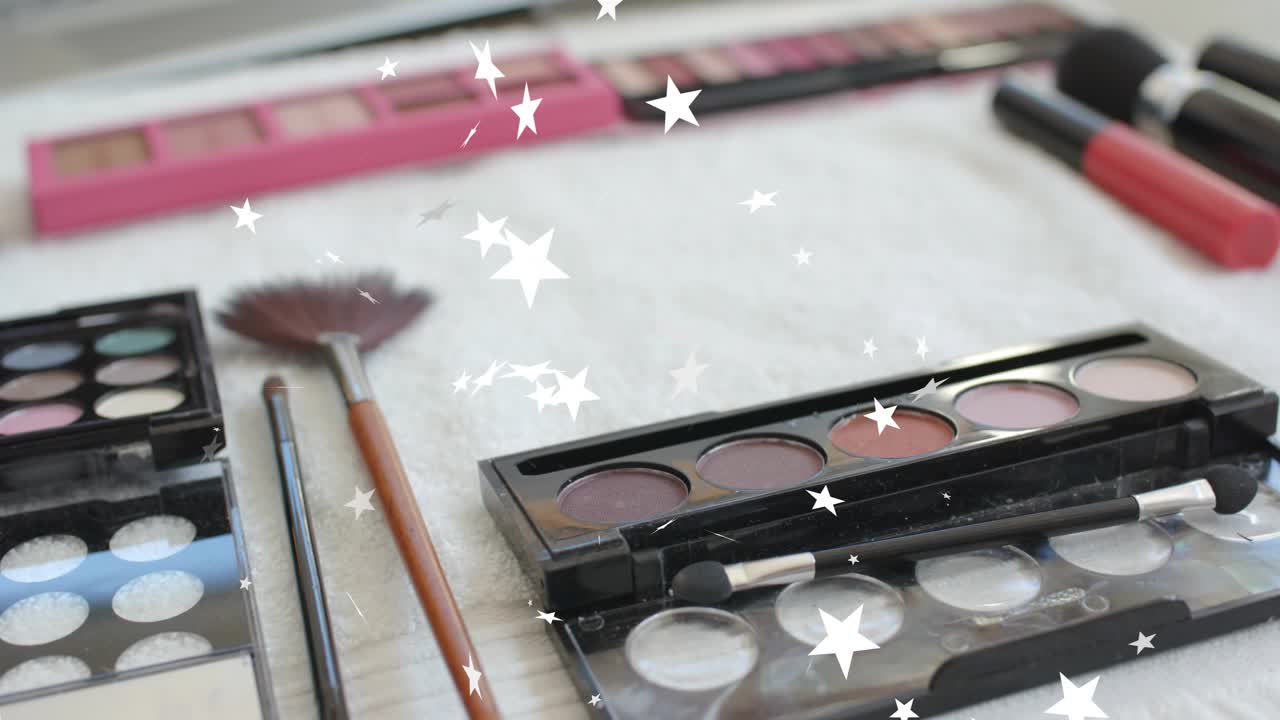 Camera panning right focus shifting to right palette while star overlay drifting, framing product