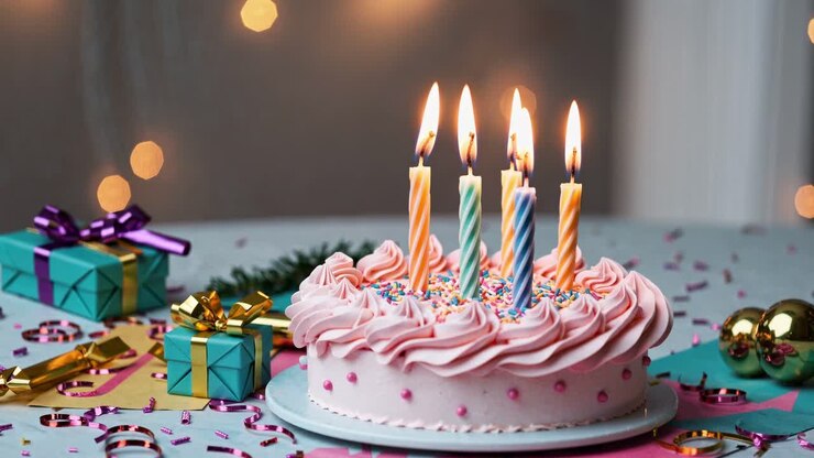 Un video ravvicinato di una torta di compleanno rosa glassata con candele accese, circondata da regali colorati.