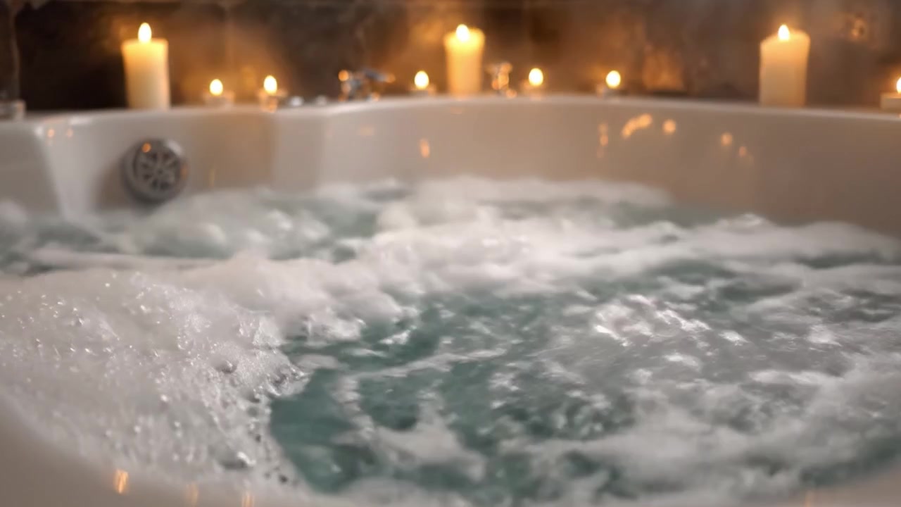 Esperienza spa rilassante in una vasca idromassaggio gorgogliante circondata da una soffusa luce di candele per un'atmosfera invitante e tranquilla, perfetta per rilassarsi e rigenerarsi