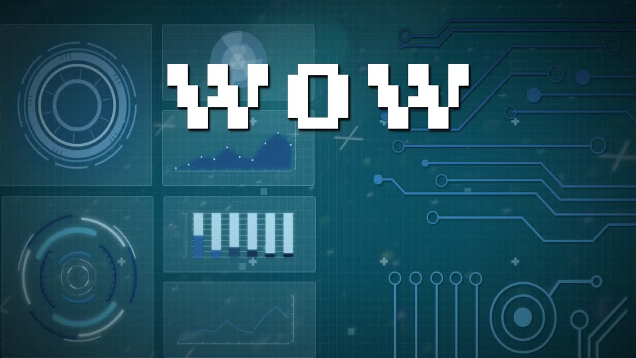 animación del texto wow sobre el procesamiento de datos en fondo oscuro