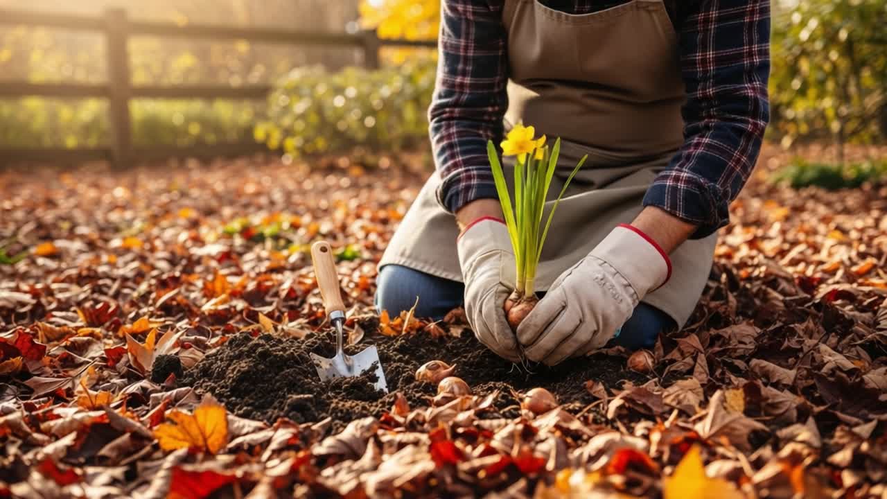 Giardiniere che pianta bulbi di narciso tra le foglie autunnali: una guida passo-passo al giardinaggio domestico per vivaci fioriture primaverili.