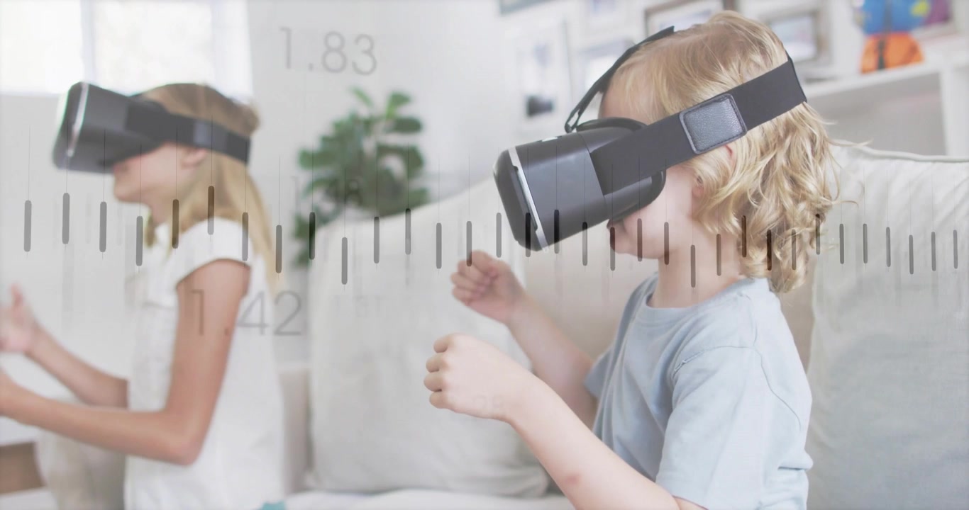 Pystyvideo: Oikeanpuoleinen lapsi ojentaa vasemmalle ja napauttaa VR-kuulokkeita, aloittaen VR-istunnon viivainpäällekkäiskuvalla.