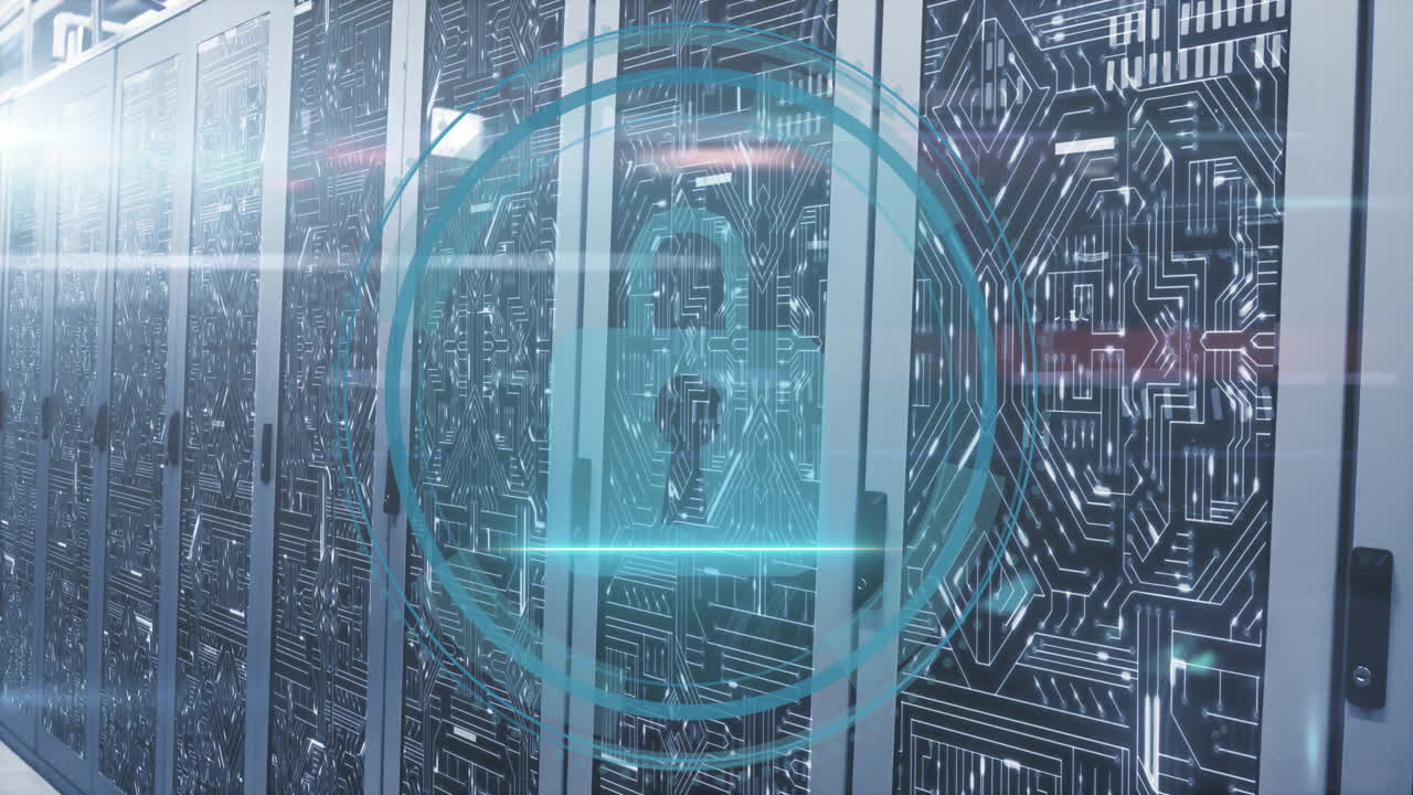 Digital lock animation over futuristic server room with circuit patterns