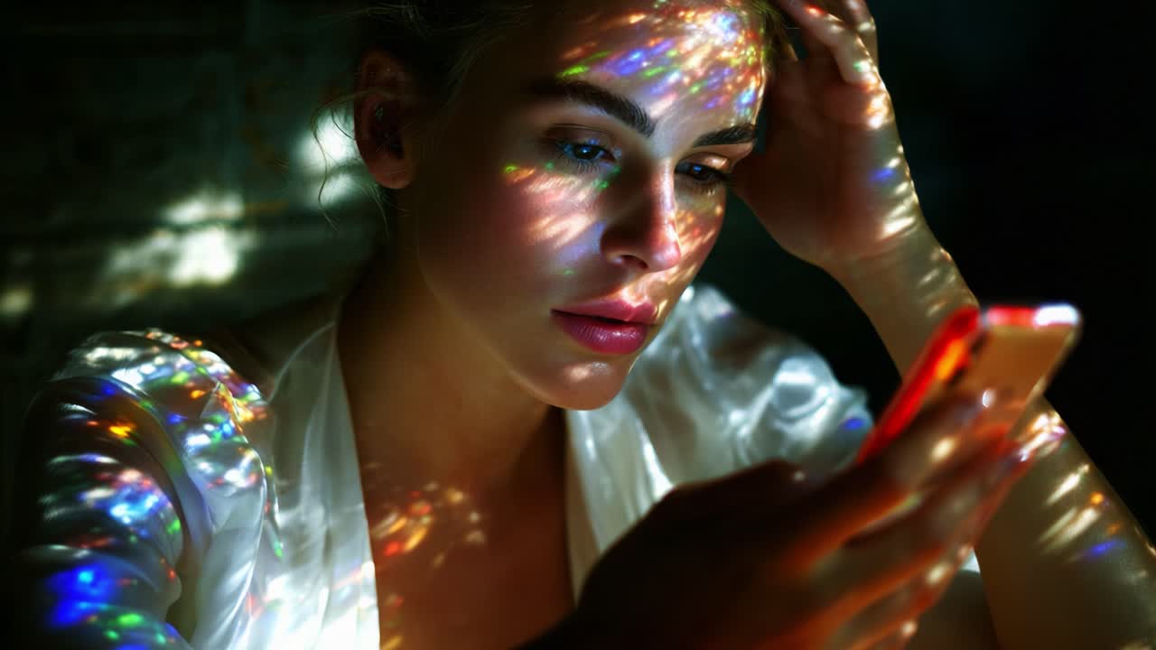 A contemplative moment captured through a mesmerizing play of light and shadow on a woman's face as she gazes at her smartphone, revealing the interplay of colors and reflections in an intimate setting