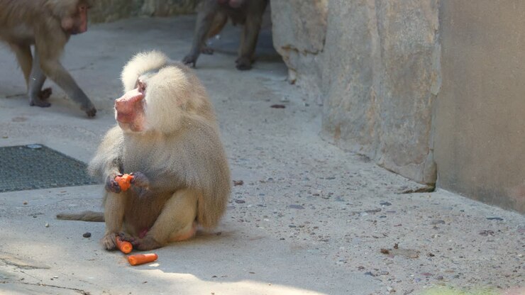 Adult male hamadryas baboon sits on ground, eating carrots in daylight zoo environment, static shot