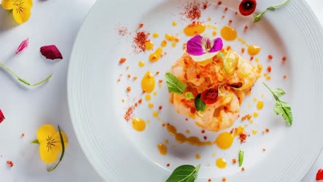 six identical images of a gourmet shrimp dish are artfully arranged on a pristine white background, showcasing culinary expertise and attention to detail