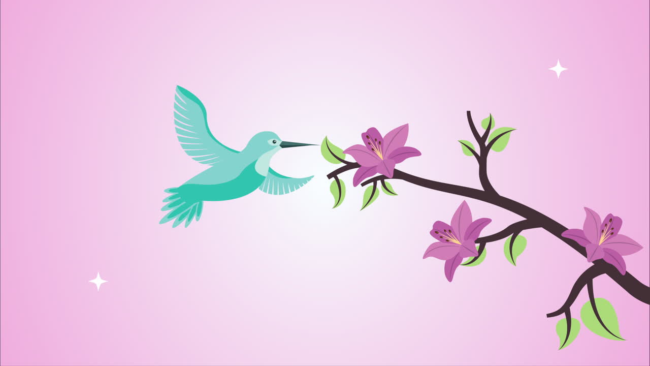 flores hermosas en la rama con animación de pájaros
