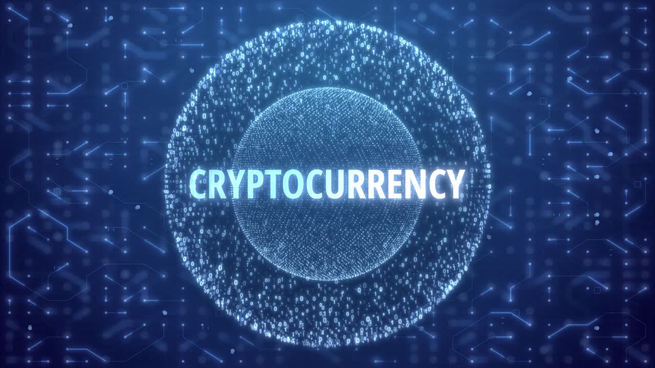 Kryptovaluta-koncept over Matrix-sfære på kredsløbsbaggrund. Tilfældige tal i form af en sfære over blå kredsløbsbaggrund