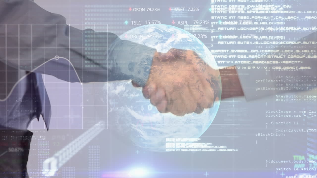 Globo ed elaborazione dati su sfondo di due uomini d'affari che si stringono la mano.