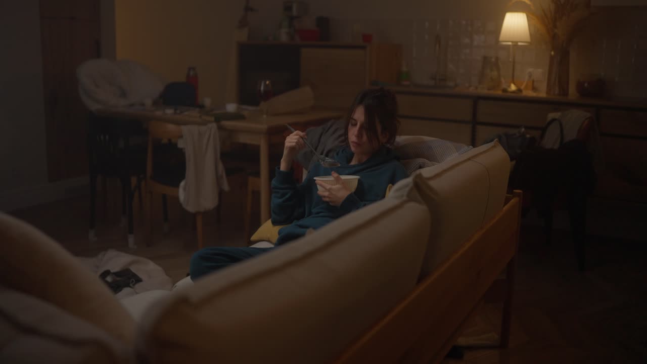 집에서 소파에서 수프를 먹는 여자