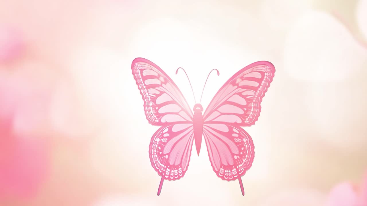 Pink butterfly with intricate wing patterns flutters gently against a dreamy pastel backdrop, creating a serene atmosphere enhanced by soft bokeh and delicate light