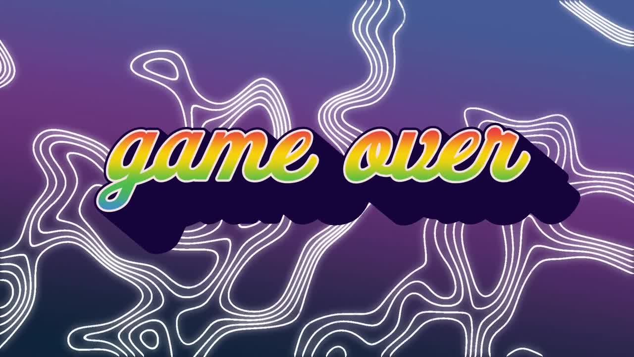 보라색 배경에 있는 선 위에 있는 텍스트 위에 있는 게임의 애니메이션